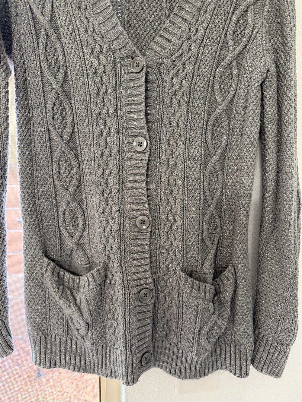 croft & barrow Gray Cable Knit V-Neck Button Cardigan